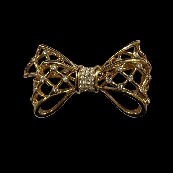 Vintage Swarovski Swan Crystal Bow Pin Gold Plated 2.5” x 1.5” - Picture 3 of 5
